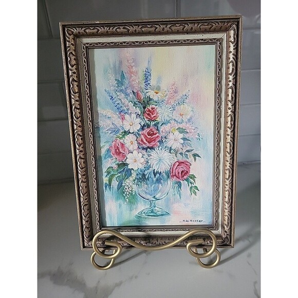 Original Oil Painting On Canvas Floral Still Life Framed Signed 8.5'x 5.5" art
